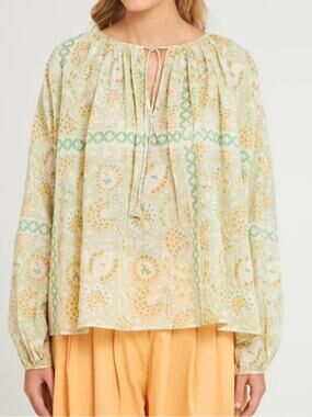 Antik Batik Boho Hand Print Cotton Light Green Blouse size 38 US Small